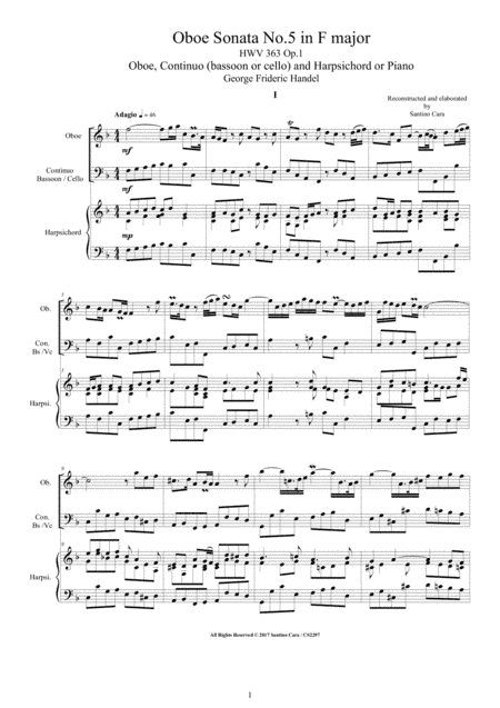 Handel - Oboe Sonata No.5 in F major HWV 363 Op.1 for Oboe, Continuo and Harpsichord or Piano (arr. Santino Cara)