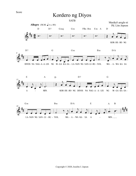 Kordero ng Diyos (SATB for Advent and Christmas)