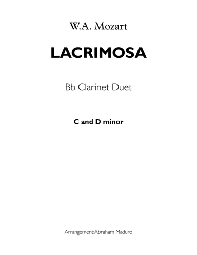 Lacrimosa From Mozart´s Requiem Bb Clarinet Duet-Score and Parts (arr. Abraham Maduro)