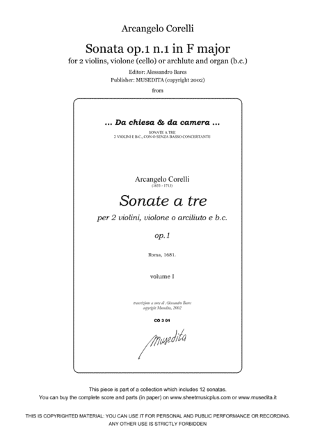 Corelli, Sonata op.1 n.1 in F major (arr. Alessandro Bares)