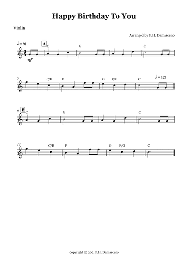 Happy Birthday To You - Violin Solo with Chords (arr. P.H. Damasceno)