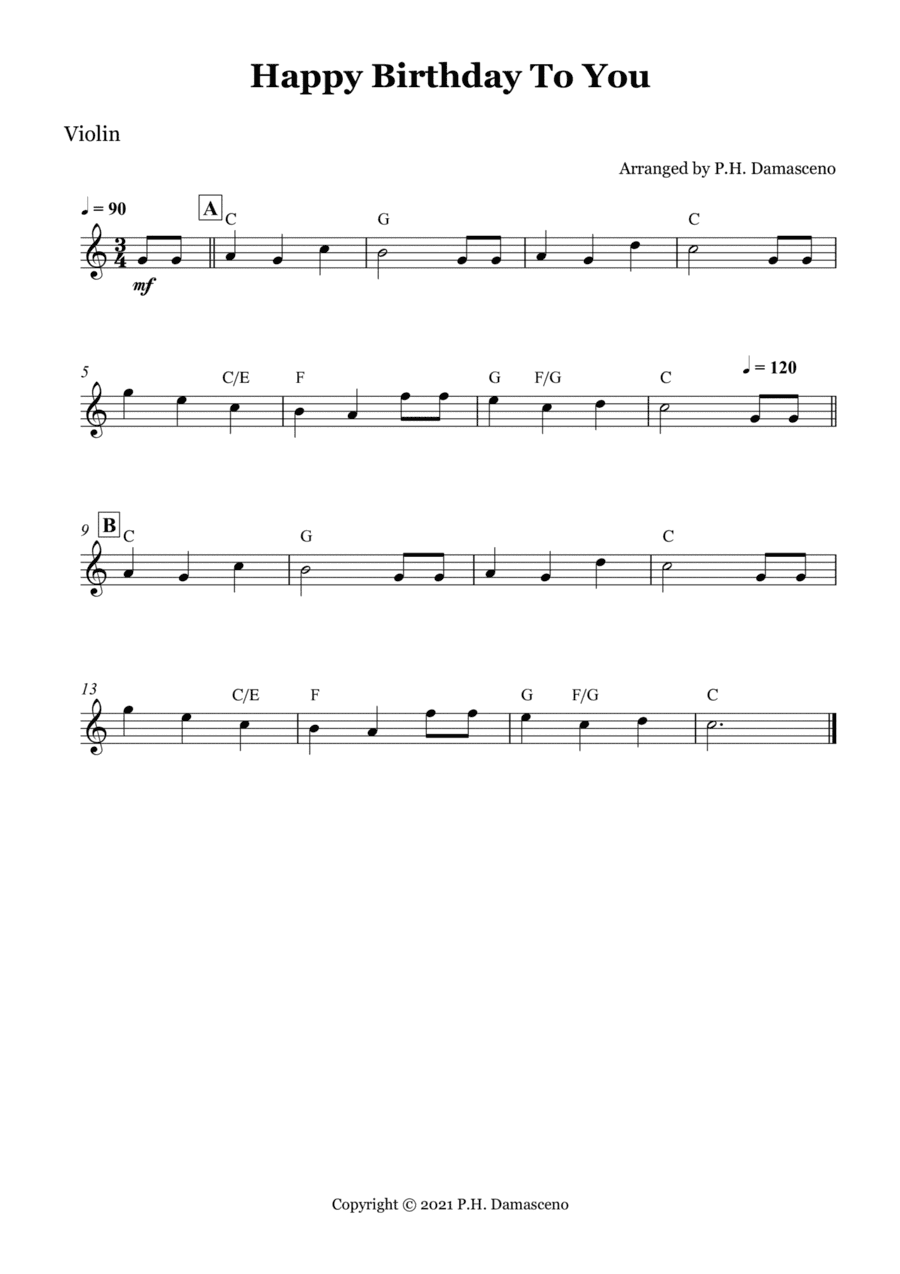 Happy Birthday To You - Violin Solo with Chords (arr. P.H. Damasceno)