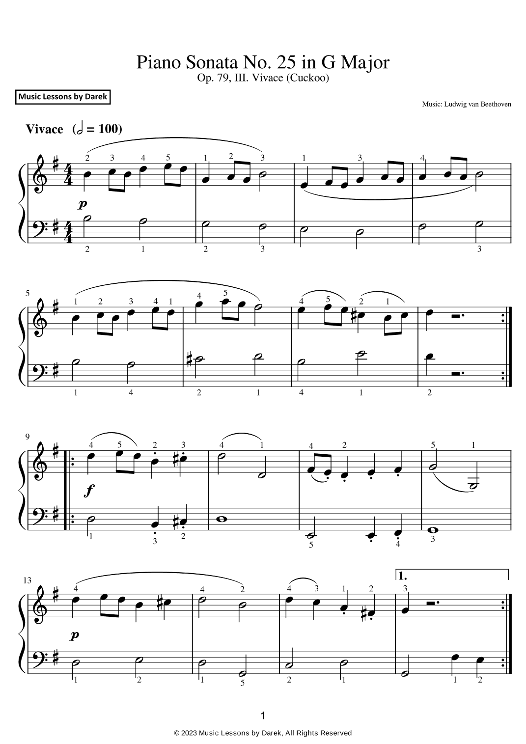 Piano Sonata No. 25 in G Major (EASY PIANO) Op. 79, III. Vivace (Cuckoo) [Ludwig van Beethoven] (arr. Darek)