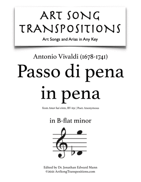 VIVALDI: Passo di pena in pena (transposed to B-flat minor) (arr. ArtSongTranspositions.com)