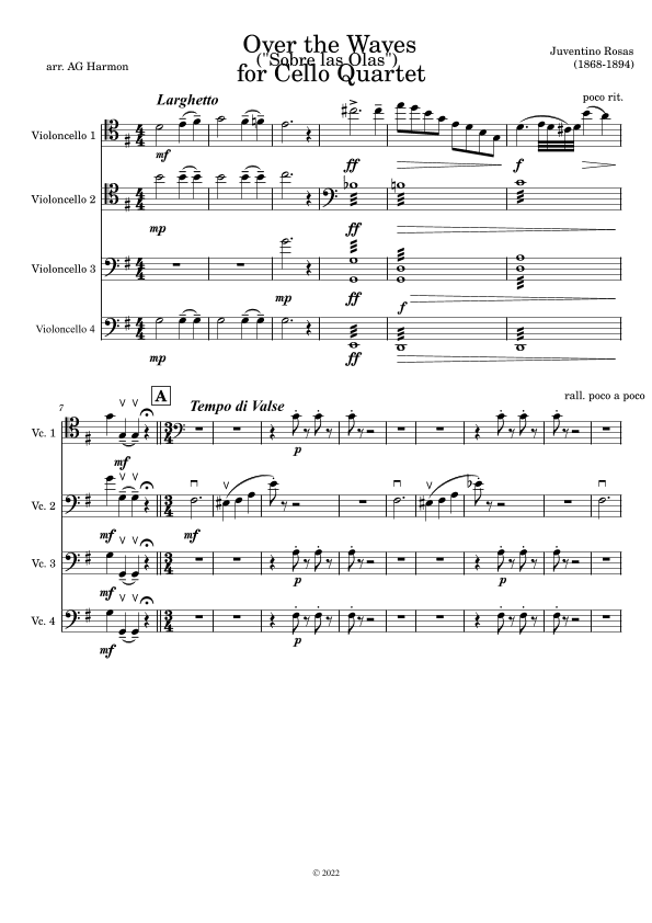Over the Waves for Cello Quartet (arr. A.G. Harmon)