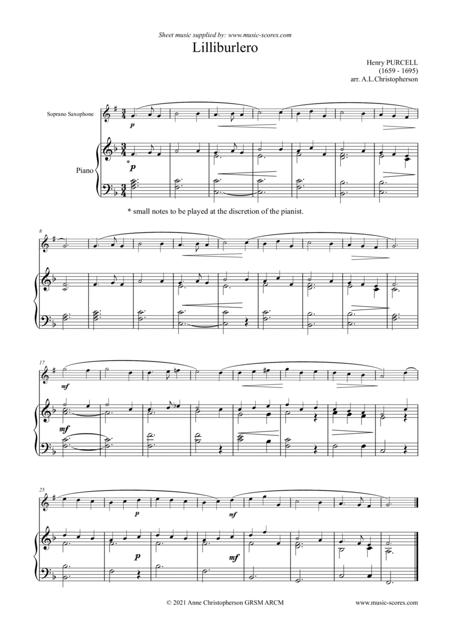 Lilliburlero - Soprano Sax and Piano (arr. Anne L Christopherson GRSM ARCM)