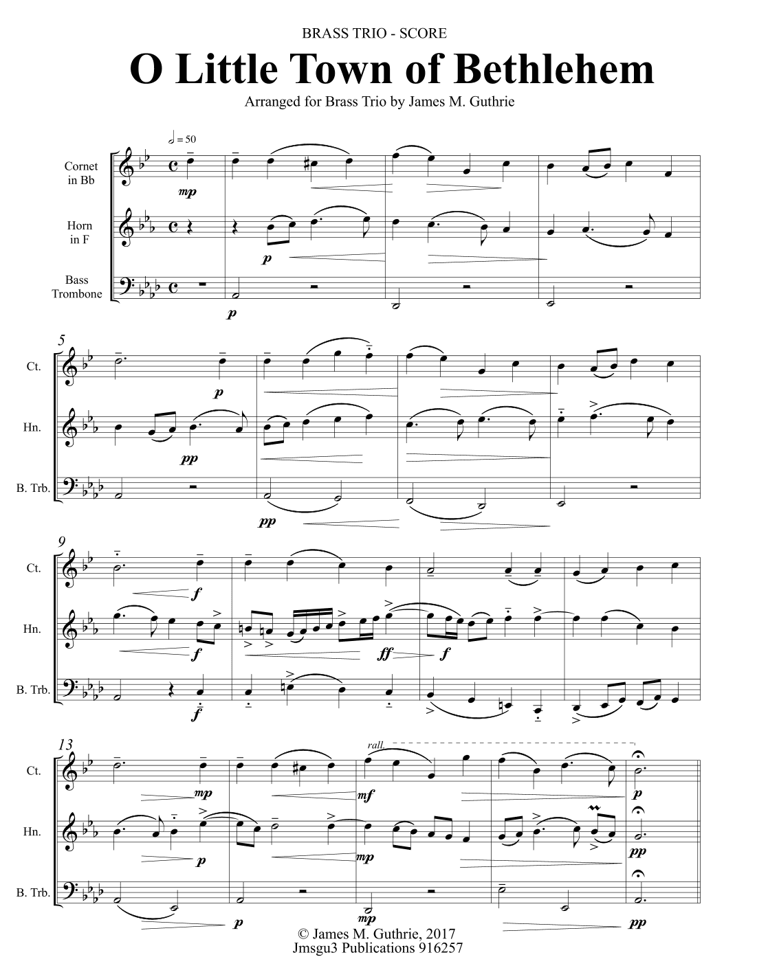 O Little Town of Bethlehem for Brass Trio (arr. James M. Guthrie)
