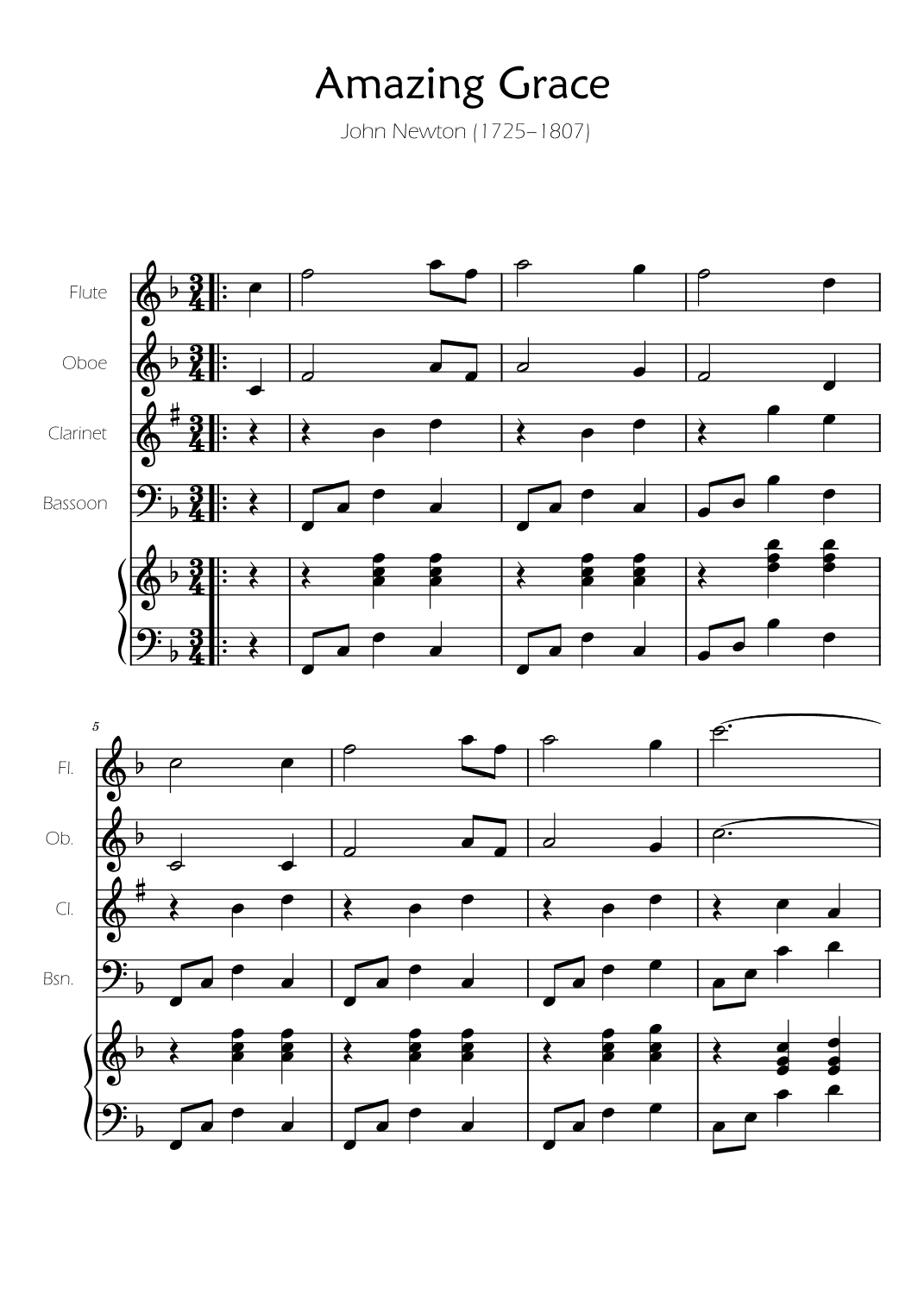 Amazing Grace - Woodwind Quartet w/ Piano Accompaniment (arr. Ygor Nunes)