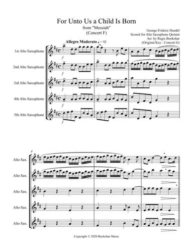 For Unto Us a Child is Born (from "Messiah") (F) (Alto Saxophone Quintet) (arr. Regis Bookshar)