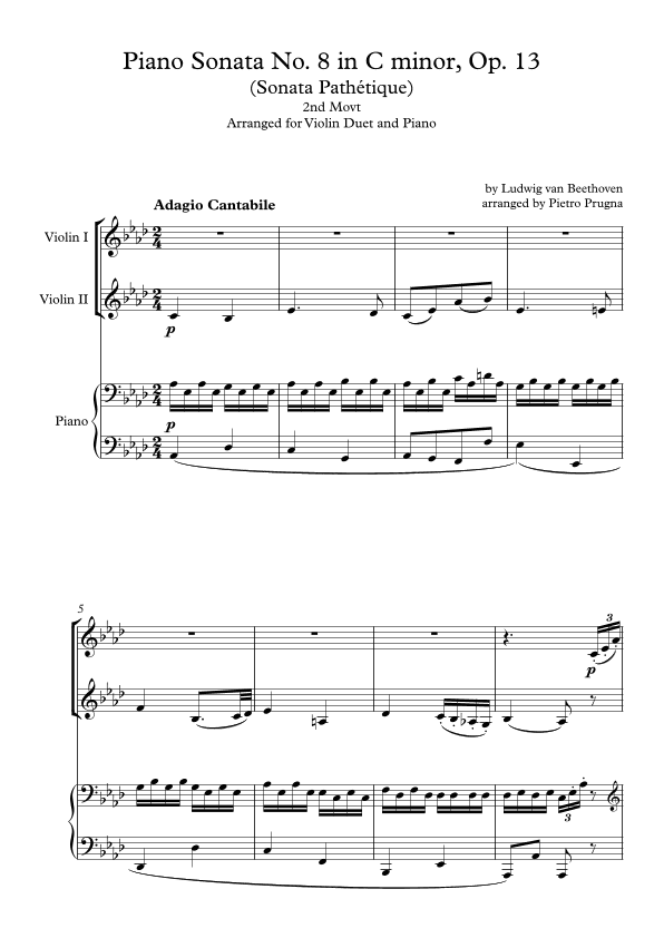 Piano Sonata No. 8 in C minor, Op. 13 (Sonata Pathétique) 2nd Movt - arr. for Violin Duet and Piano (arr. Pietro Prugna)