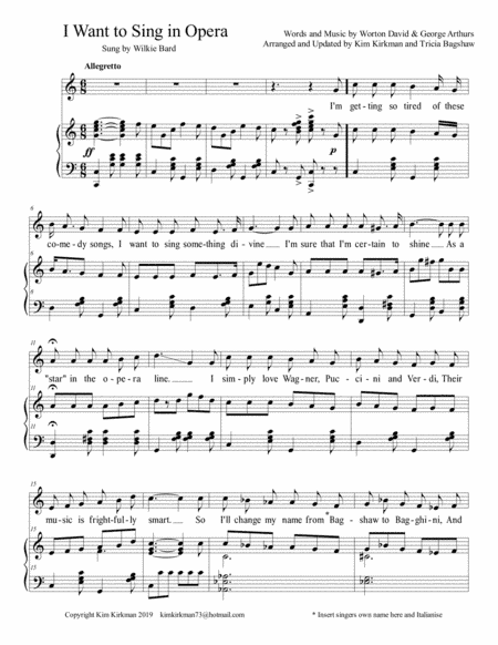 I Want to Sing in Opera - solo voice and piano (arr. Kim Kirkman)