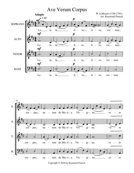 Ave Verum Corpus SATB Choir - A Capella (Mixed Choir) (arr. Raymond Fenech)