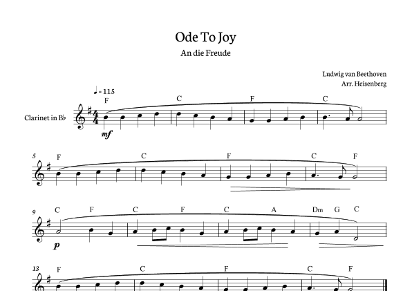 Beethoven - Ode to Joy for clarinet with chords in F major. (arr. Heisenberg)