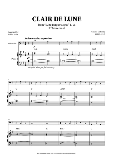Clair de Lune - Cello and Piano + CHORDS (arr. Valdir Maia)