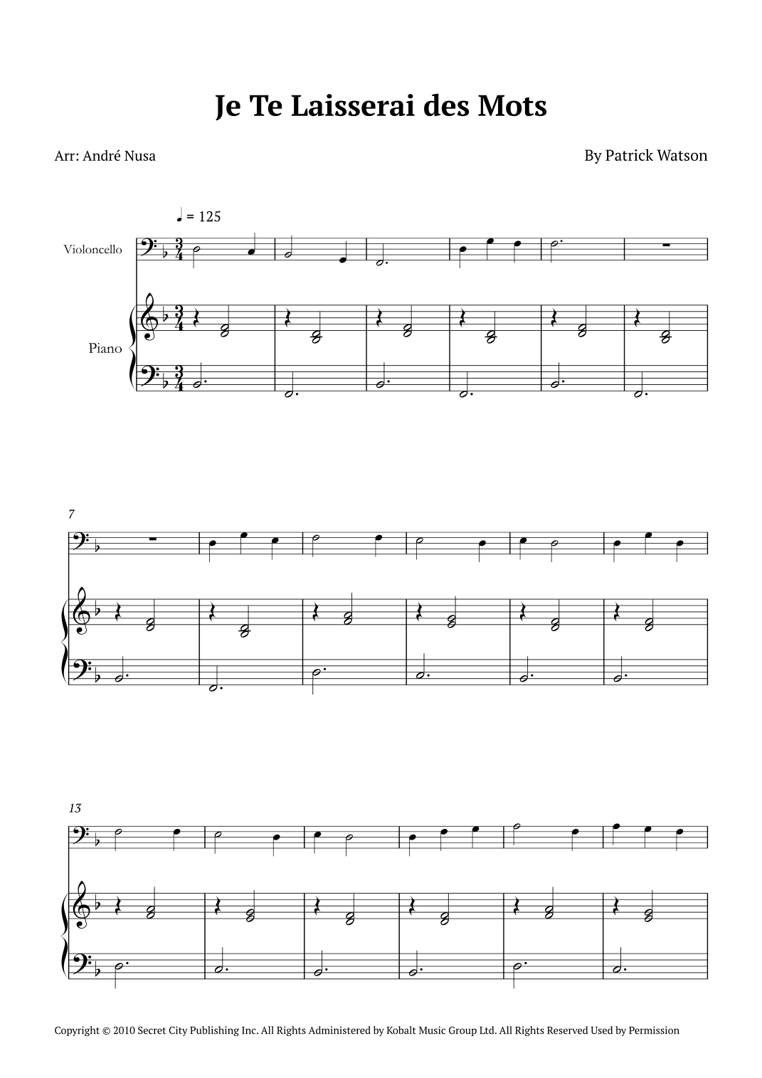 Je Te Laisserai Des Mots (arr. André Nusa)