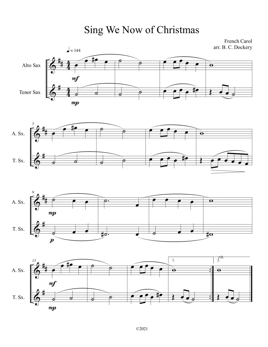 Sing We Now of Christmas (Alto and Tenor Sax Duet) (arr. B. C. Dockery)