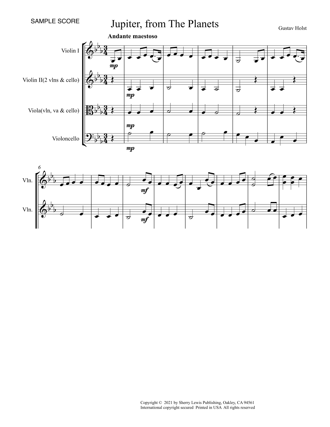 JUPITER from The Planets String Trio, Intermediate Level for 2 violins and cello or violin, viola an (arr. Sherry Lewis)