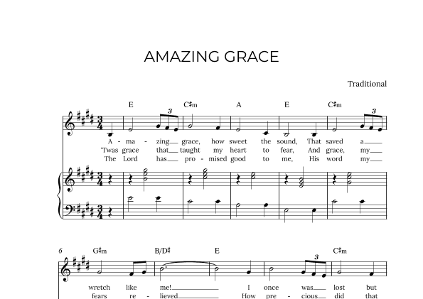 AMAZING GRACE - for piano and alto in E major with chords (arr. Alex Nunes Rodrigues)