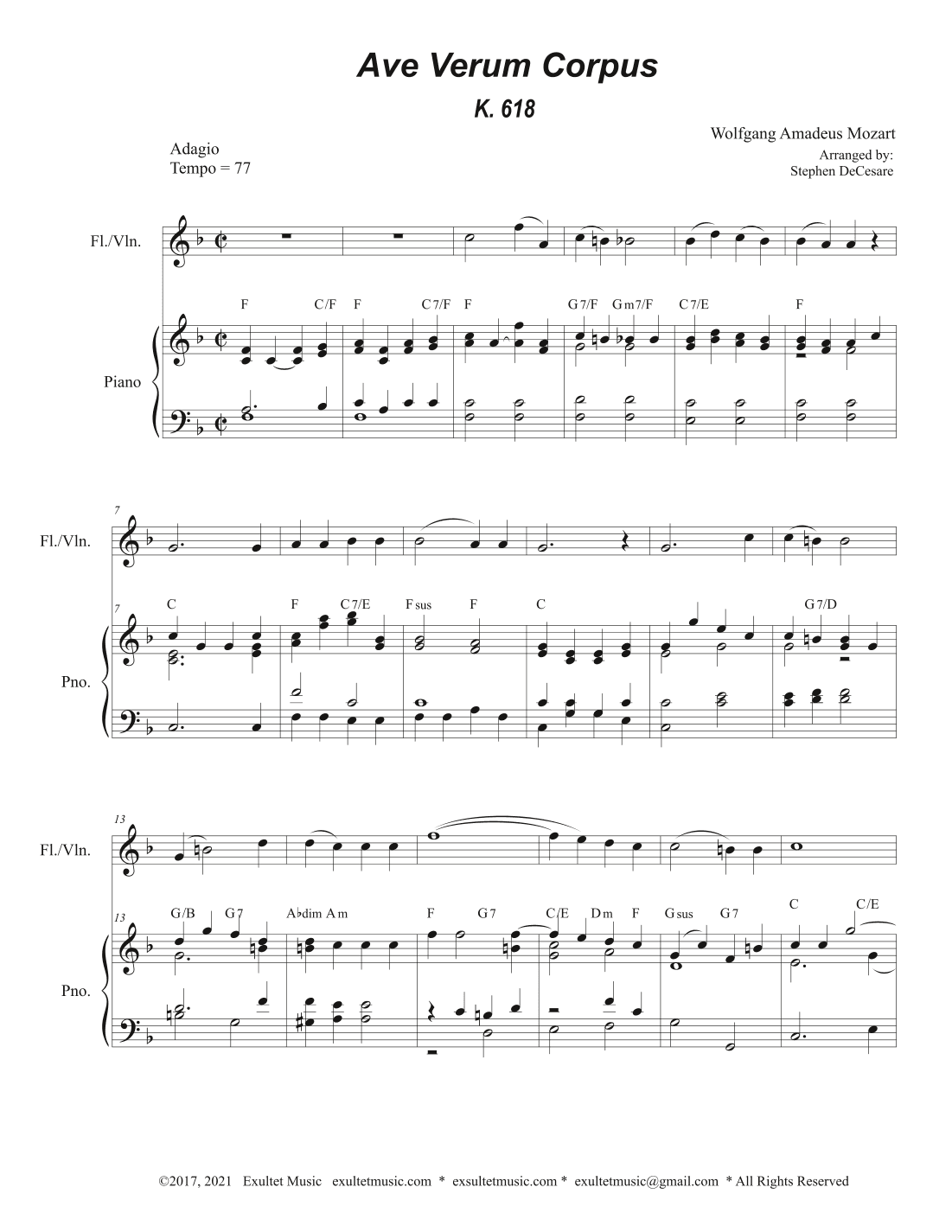 Ave Verum Corpus (Flute or Violin solo - Piano Accompaniment) (arr. Stephen DeCesare)