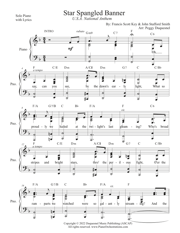 Star Spangled Banner (Key of F - Solo Piano w Lyrics) (arr. Peggy Duquesnel, Duquesnel Music Publishing, ASCAP)