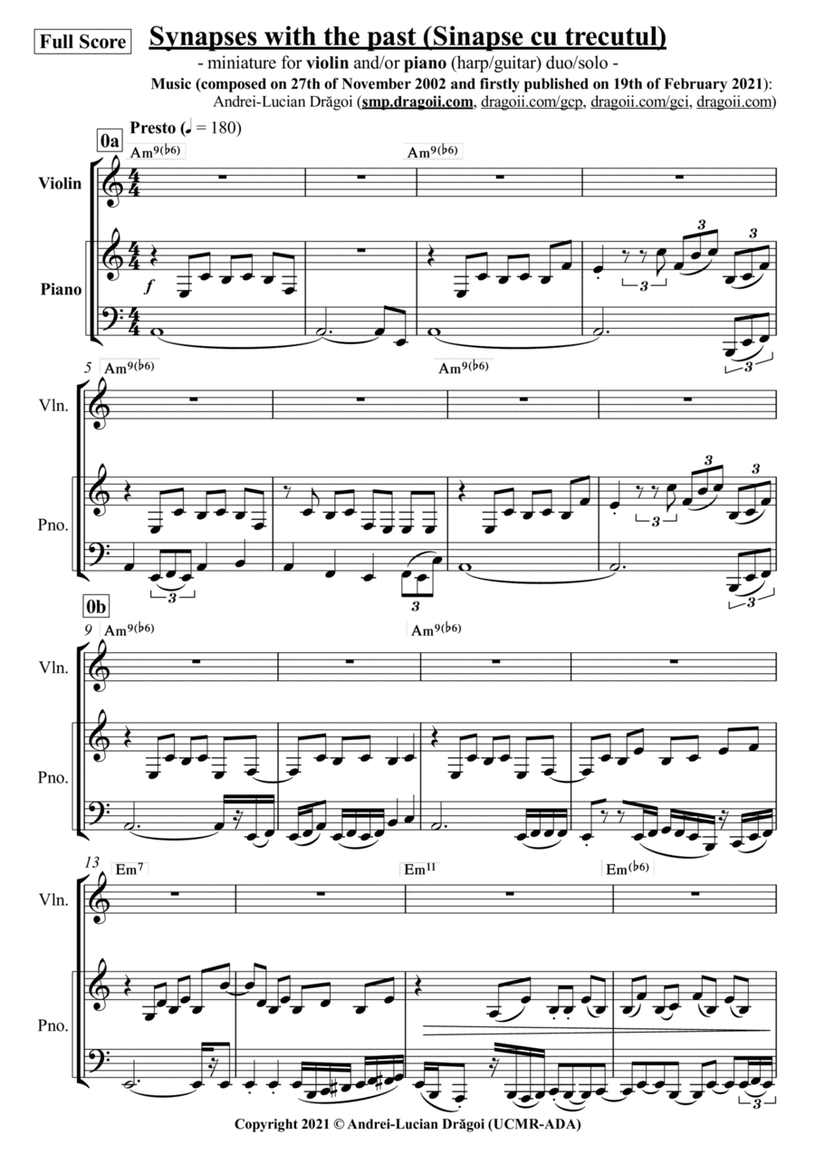 Synapses with the past (Sinapse cu trecutul) - miniature for violin and/or piano (harp/guitar) duo/s