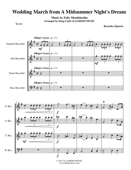 Mendelssohn Wedding March from A Midsummer Night's Dream for Recorder Quartet (arr. Doug Clyde)