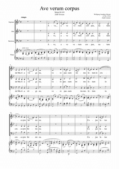 W.A Mozart - Ave Verum (SAB version, old singers, Score + Choir part) (arr. André Laitano)