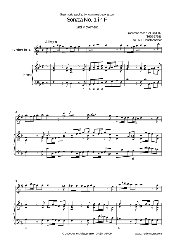 Veracini Allegro - Clarinet and Piano (arr. Anne L Christopherson GRSM ARCM)
