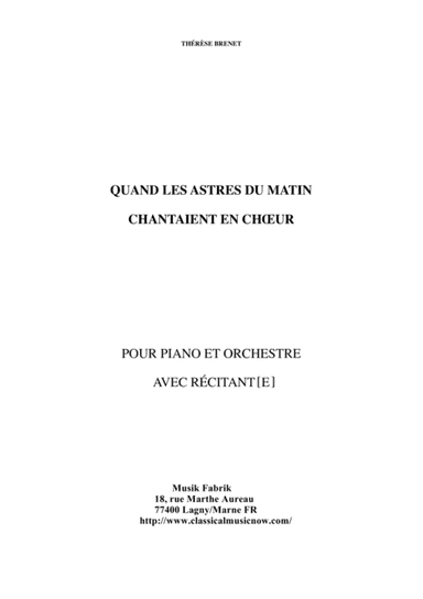 Thérèse Brenet: Quand Les Astres du Matin Chantaient en Choeur for piano, narrator and orchestra:  s