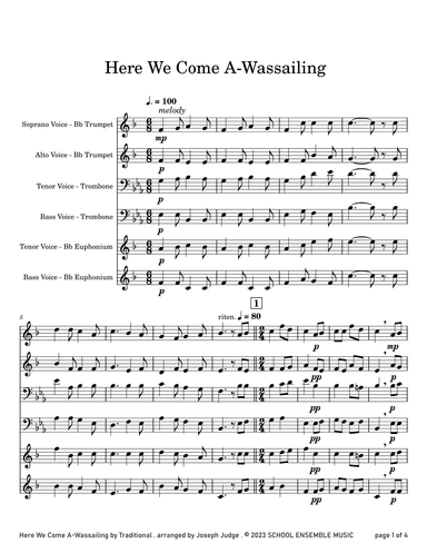 Here We Come A Wassailing for Brass Quartet in Schools (arr. Joseph Judge)