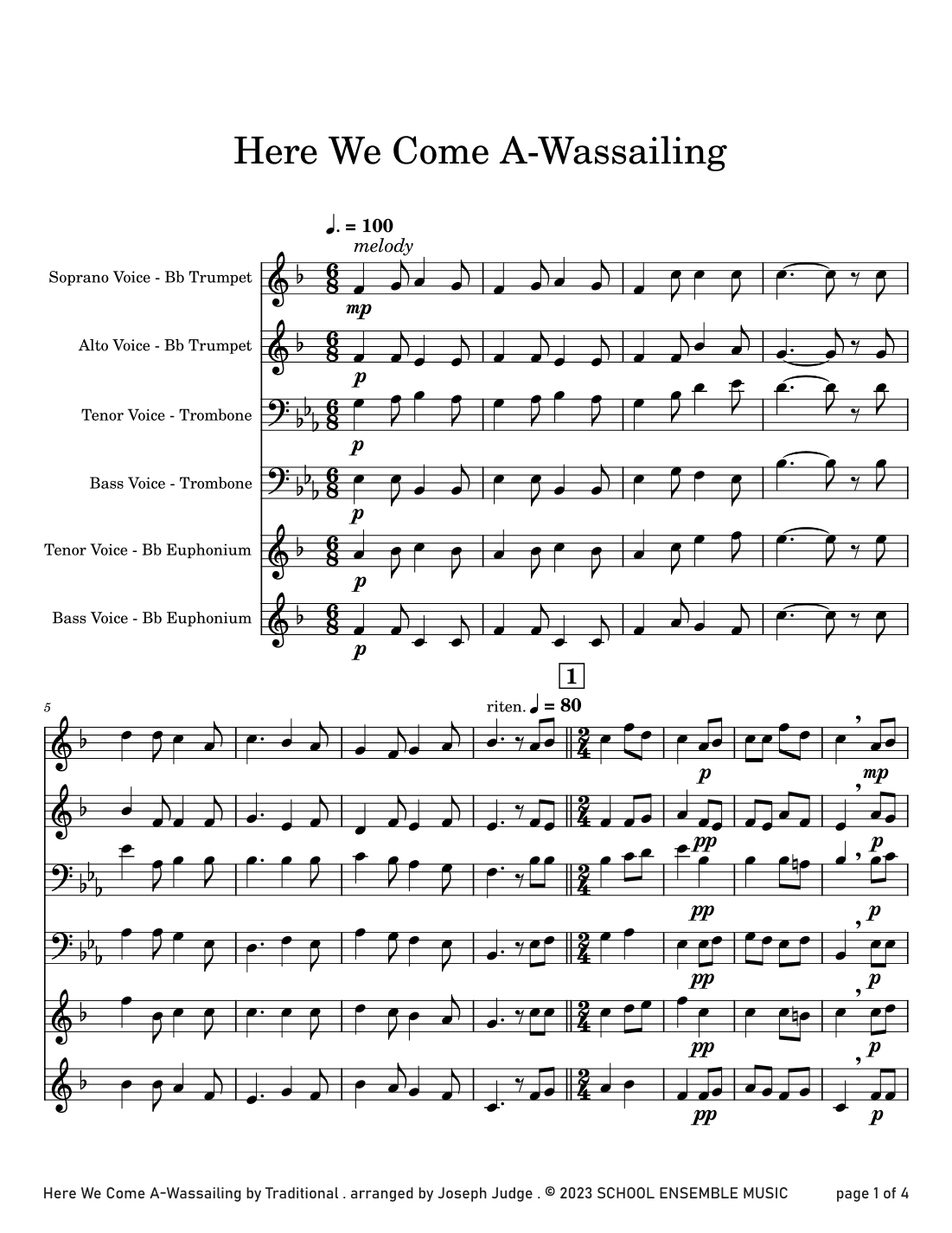 Here We Come A Wassailing for Brass Quartet in Schools (arr. Joseph Judge)