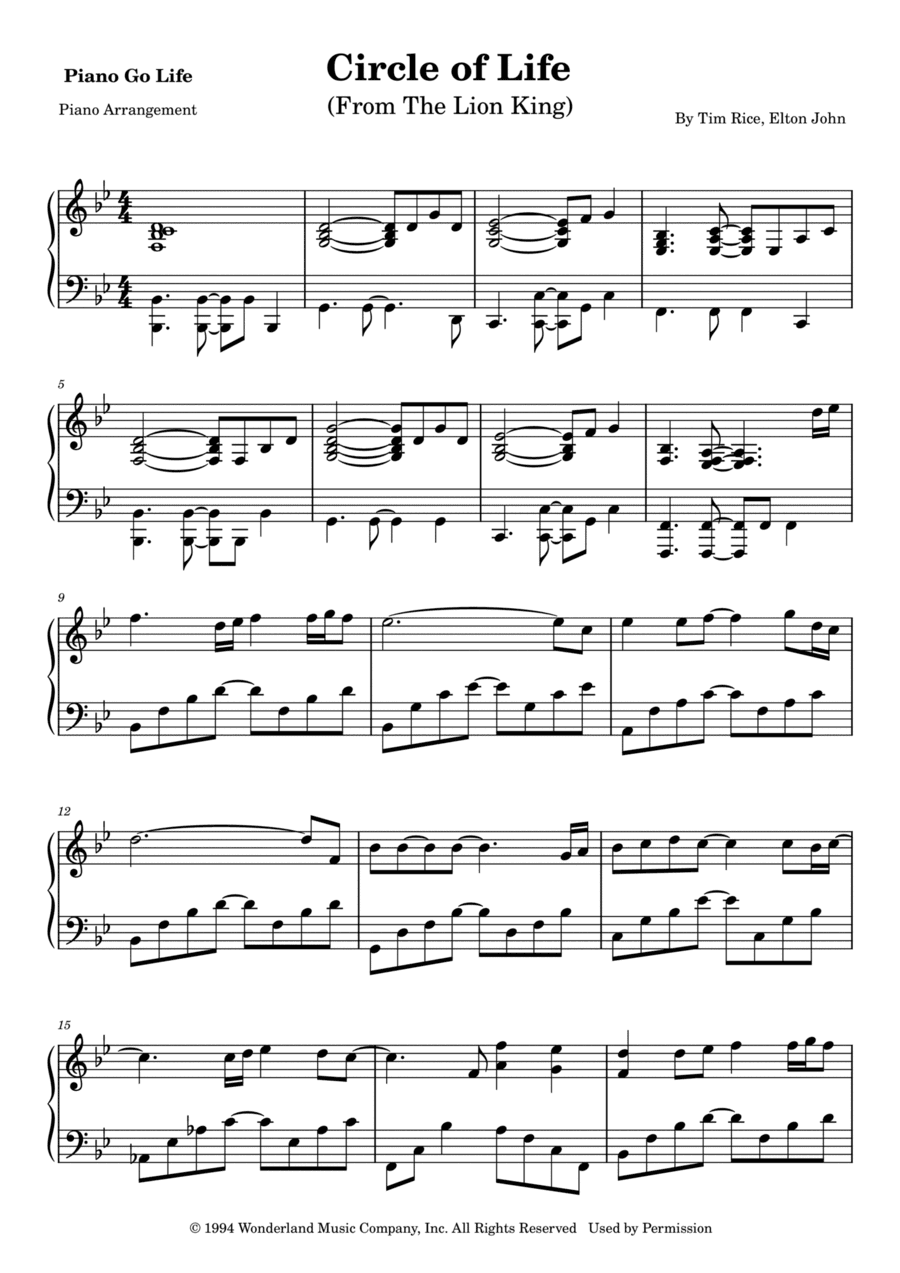 Circle Of Life (arr. Piano Go Life)