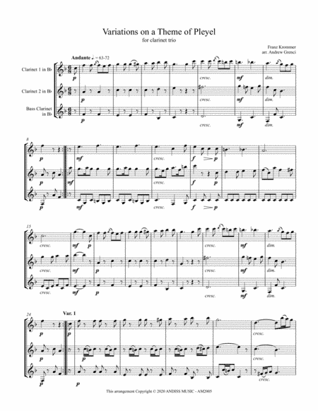 Variations on a Theme of Pleyel for Clarinet Trio (arr. Andrew Grenci)