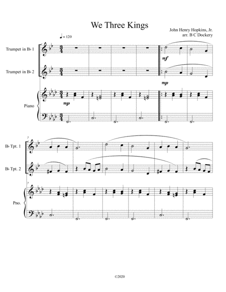 We Three Kings (trumpet duet) with optional piano accompaniment (arr. B C Dockery)