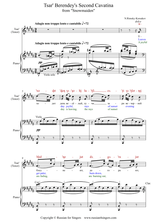 "Snowmaiden": Berendey’s Second Cavatina. Original key. DICTION SCORE w IPA & translation (arr. Russian for Singers)