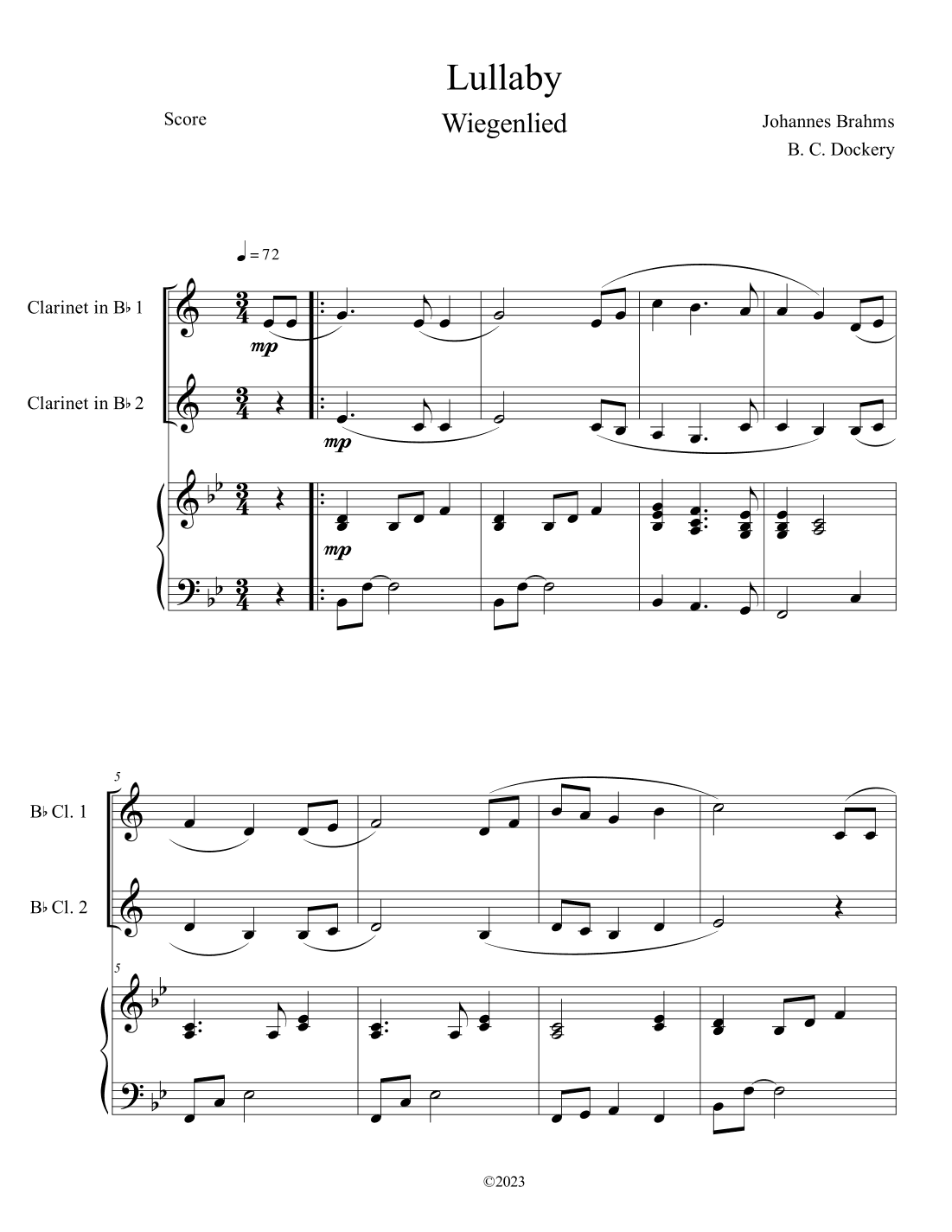 Brahms's Lullaby (Clarinet Duet with Piano Accompaniment) (arr. B. C. Dockery)