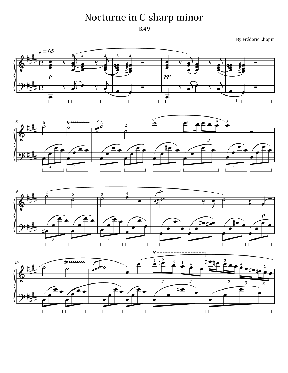Chopin - Nocturne in C sharp Minor - B.49 - For Piano Solo With Fingered (arr. poon)