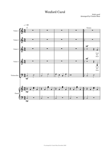 Wexford Carol Strings Quintet and piano (arr. Connie Boss)