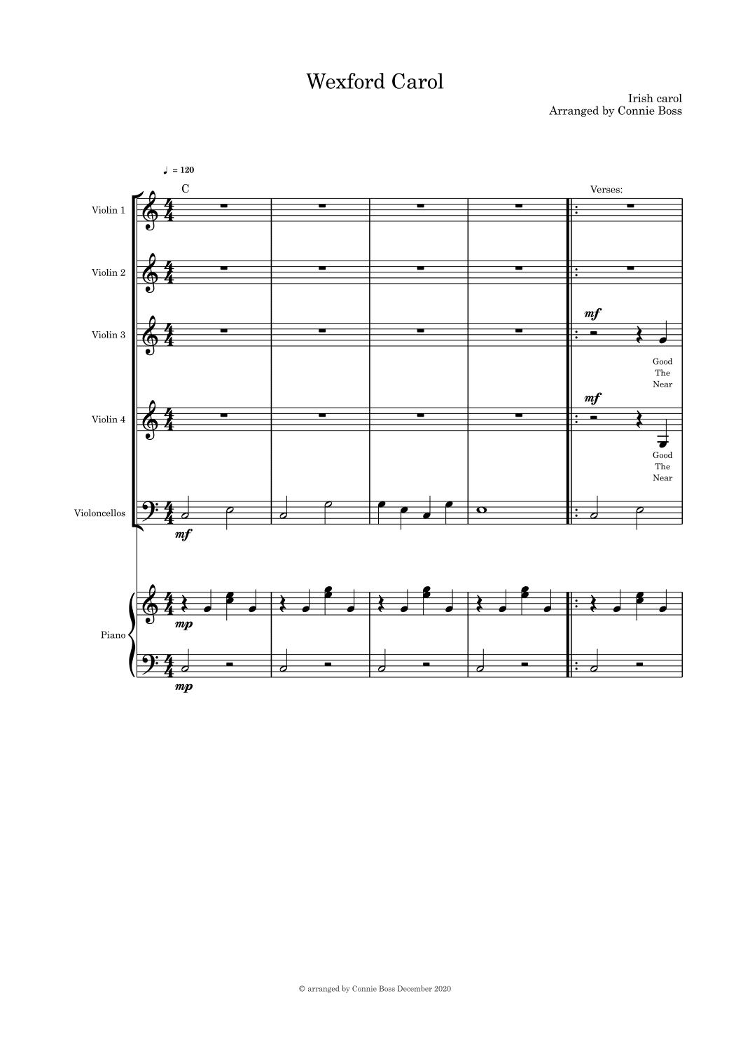 Wexford Carol Strings Quintet and piano (arr. Connie Boss)