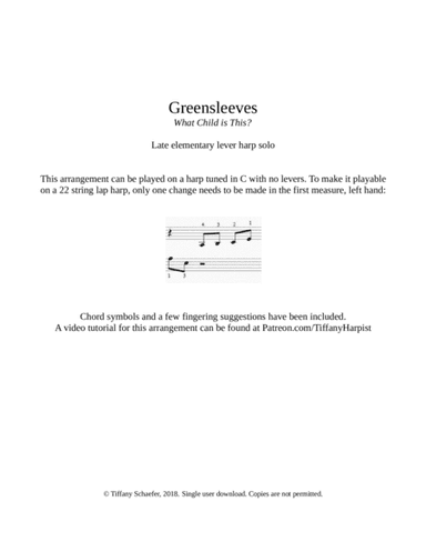 Greensleeves (What Child is This): Late Elementary Small Harp (arr. Tiffany Schaefer)