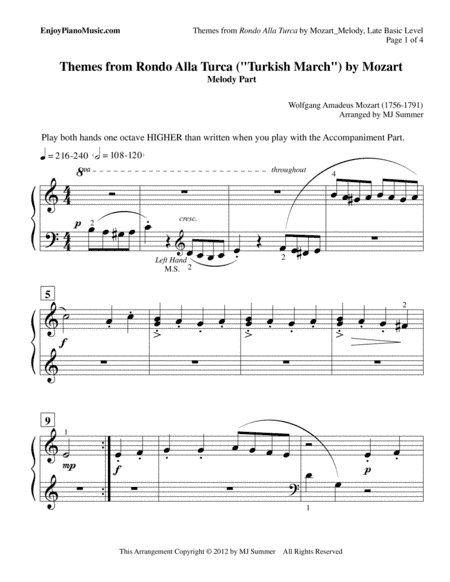 Rondo Alla Turca ("Turkish March") Piano Duet for Equal Part--Easy Piano--Melody is Distributed Acro (arr. MJ Summer)