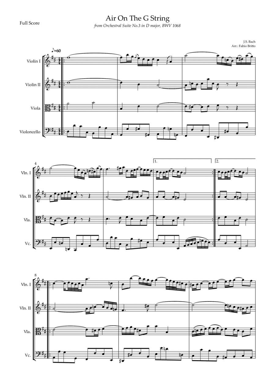 Air On The G String (J.S. Bach) for String Quartet (arr. Fabio Britto)