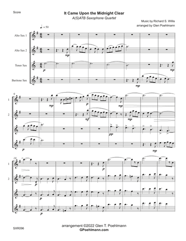 IT CAME UPON THE MIDNIGHT CLEAR - Saxophone Quartet (SATB or AATB) unaccompanied. (arr. Glen Poehlmann)