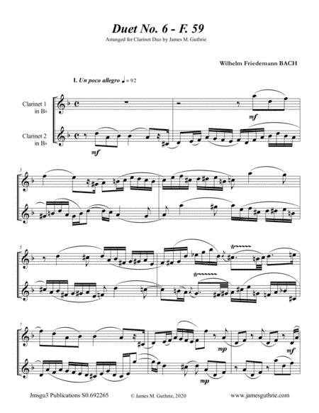 WF Bach: Duet No. 6 for Clarinet Duo (arr. James M. Guthrie, ASCAP)