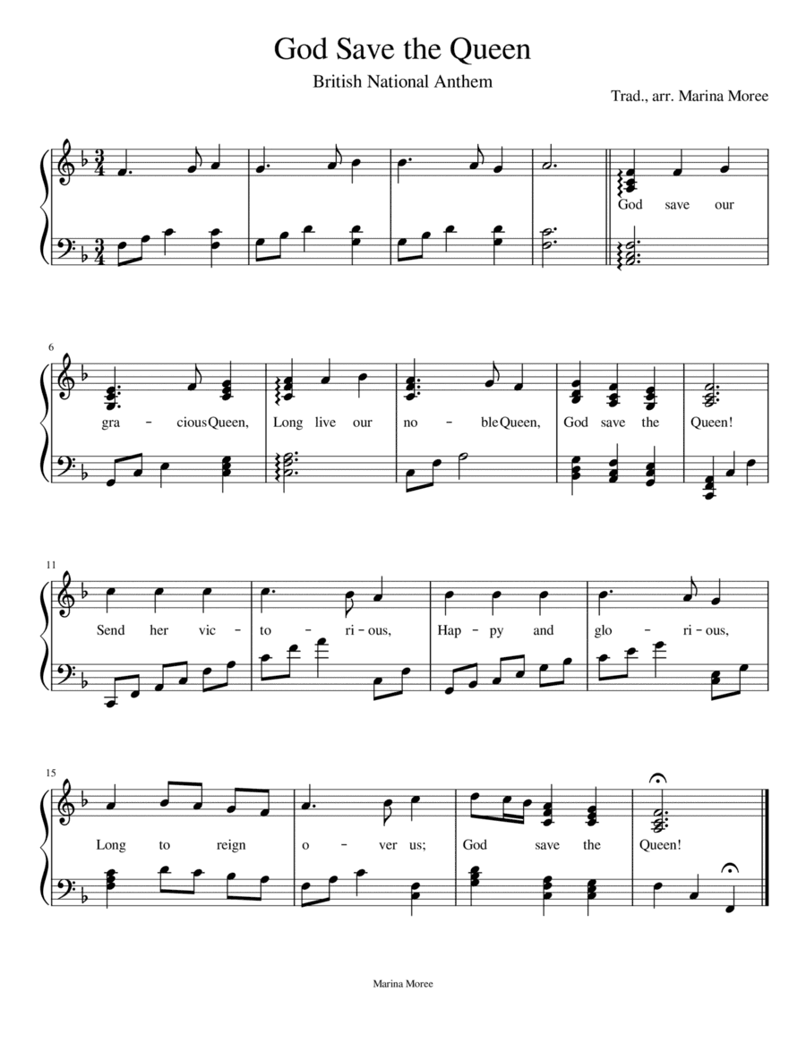 God Save the Queen, intermediate lever harp arrangement (arr. Marina Moree)