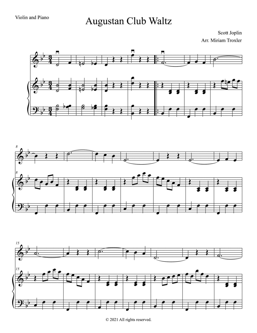 Augustan Club Waltz Duet for Violin and Piano (arr. Miriam Troxler)