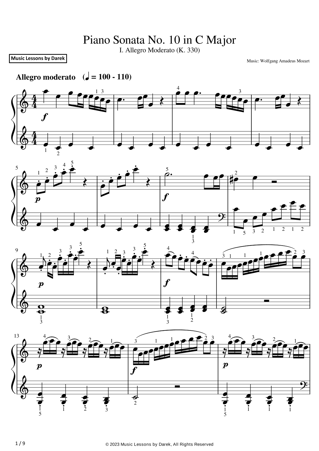 Piano Sonata No. 10 in C Major (EASY PIANO) I. Allegro Moderato (K. 330) [Wolfgang Amadeus Mozart] (arr. Darek)