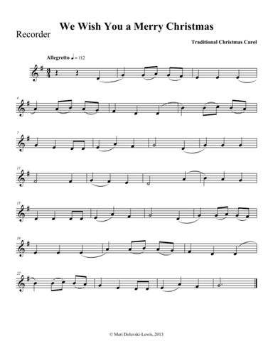 We Wish You a Merry Christmas: recorder/piano (arr. Meri Dolevski)