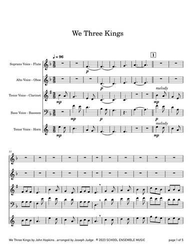 We Three Kings for Woodwind Quartet in Schools (arr. Joseph Judge)