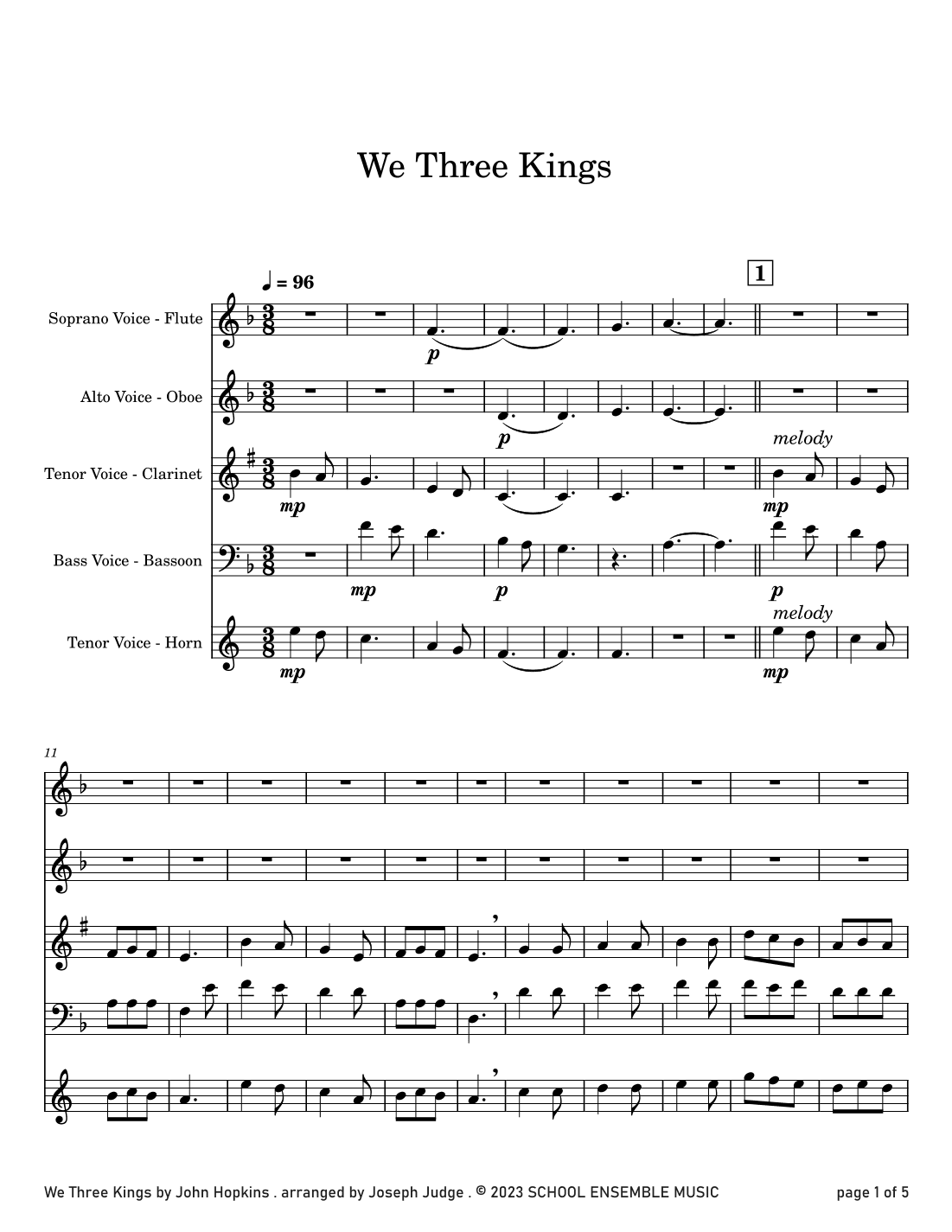 We Three Kings for Woodwind Quartet in Schools (arr. Joseph Judge)